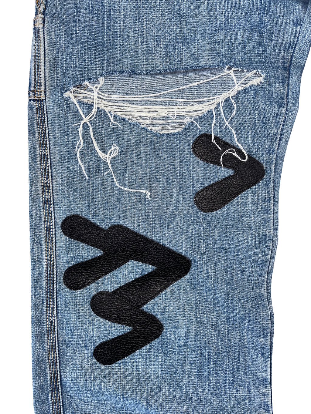 #49 Leather Patch Ripped Denim