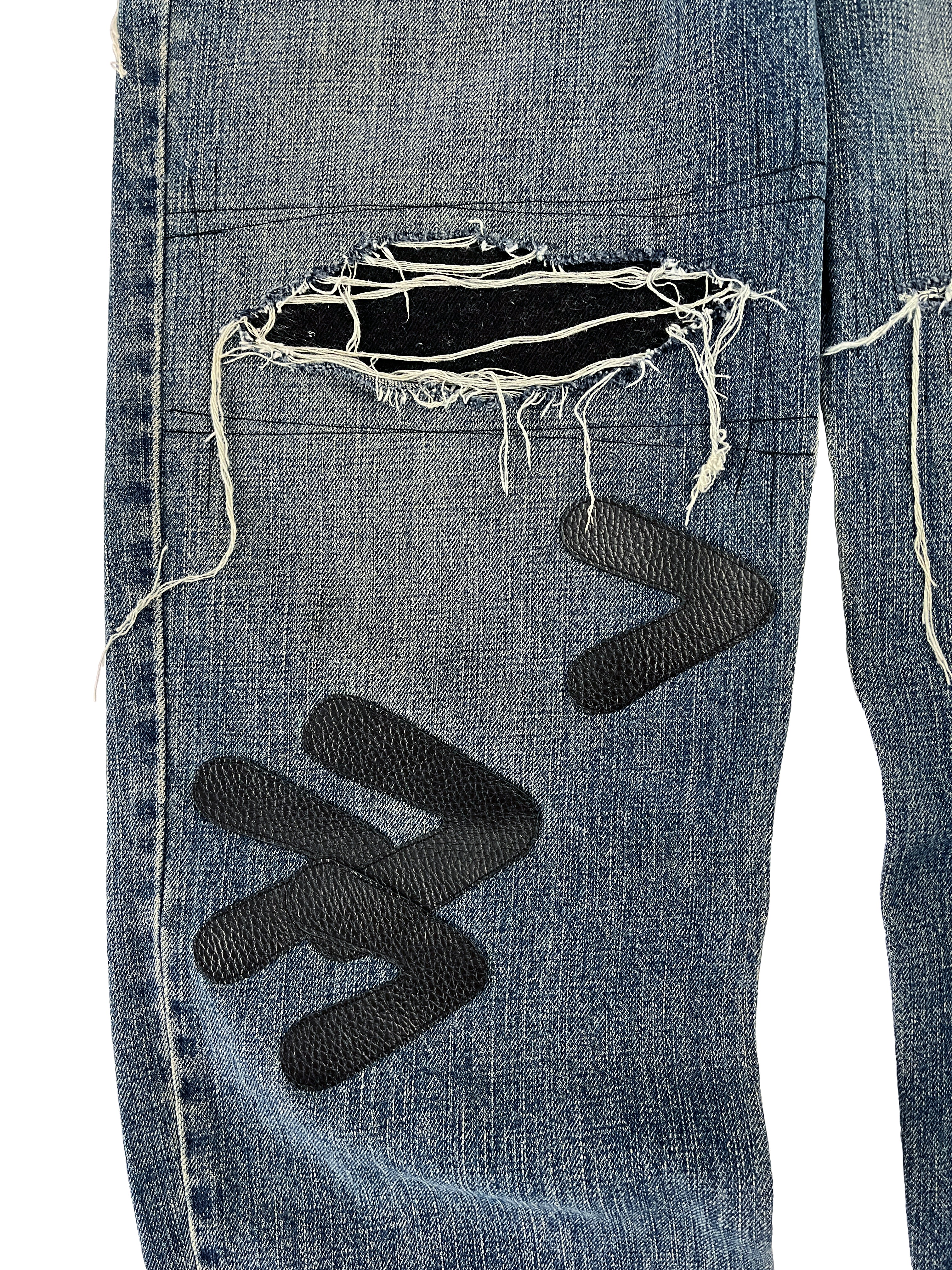 #52 Leather Patch Distressed Denim