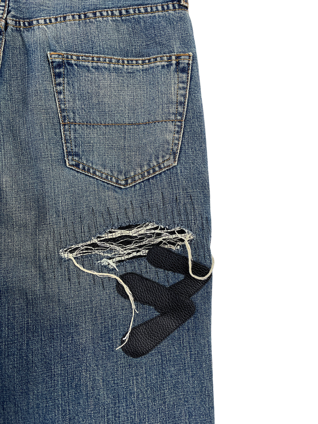 #52 Leather Patch Distressed Denim