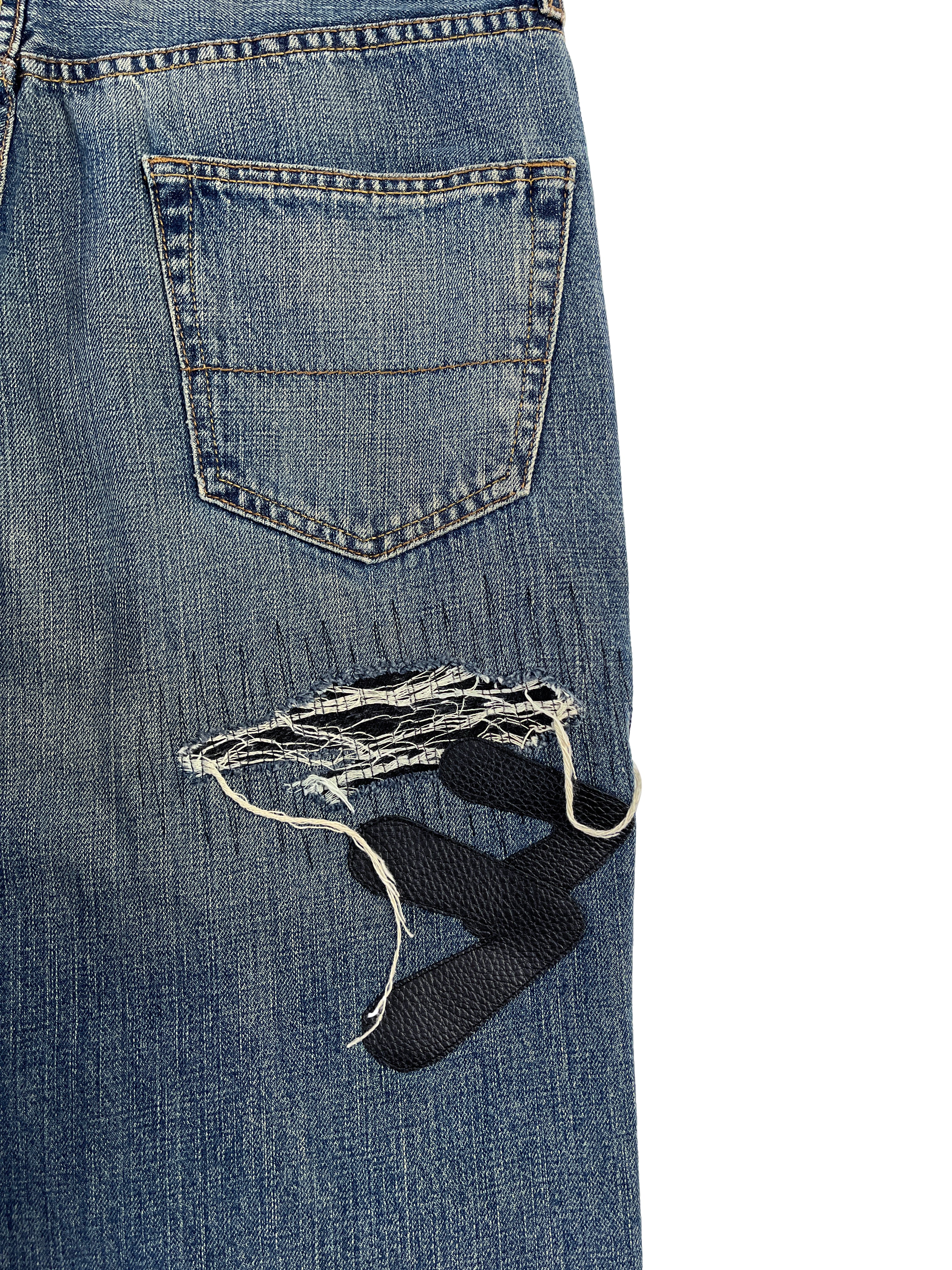 #52 Leather Patch Distressed Denim