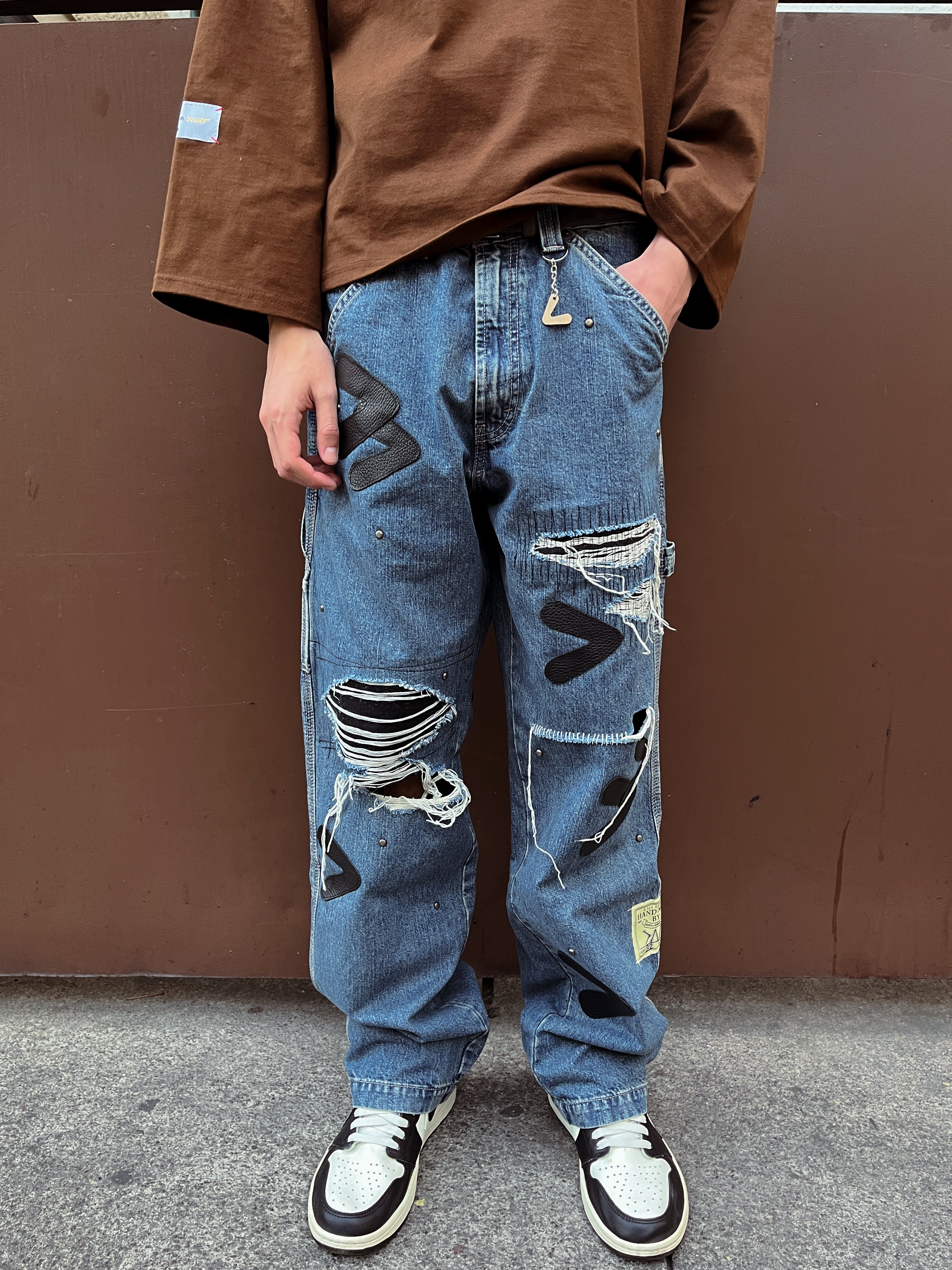 #48 Leather Patch Studded Denim